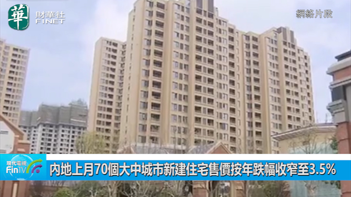 內地上月70個大中城市新建住宅售價按年跌幅收窄至3.5%